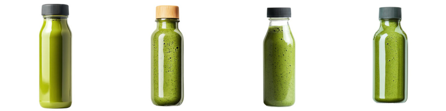 Four bottles of green juice on a transparent background, showcasing vibrant colors and textures.