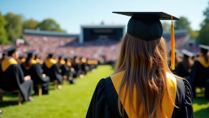 A female graduate with long, golden-brown hair, seen from behind, sitting among a large crowd of graduates at an outdoor ceremony. She wears a black and gold graduation gown, and the stage is visible 