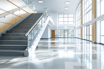 Obraz premium Clean and minimalistic 3D model of a public institution, hospital or government building, featuring structured staircases and cubic architecture