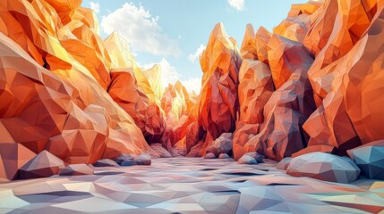Low Polygonal Canyon Landscape With Red And Orange Rocks