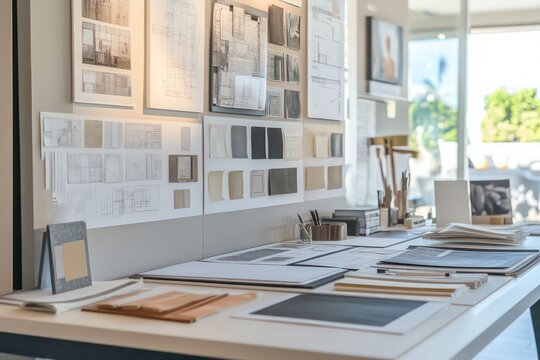 A well-lit interior design office with concept boards featuring home blueprints, fabric samples, and color palettes.
