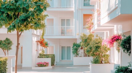 Fototapeta premium Bright and Lively Courtyard Surrounded by Colorful Plants and Flowers