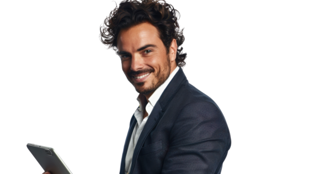 Smiling businessman holding tablet with transparent background