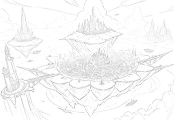 Obraz premium Detailed Line Art of a Floating City Metropolis. A captivating detailed line drawing showcases a sprawling futuristic floating city