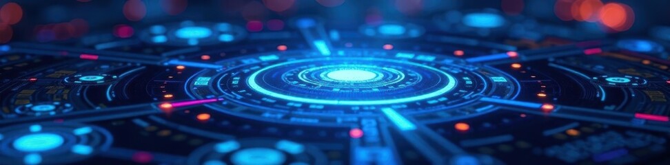 Sleek blue holographic control panel; intricate lines, vibrant display, blue technology, modern, technology