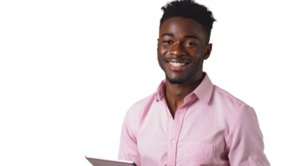 Smiling businessman holding tablet with transparent background