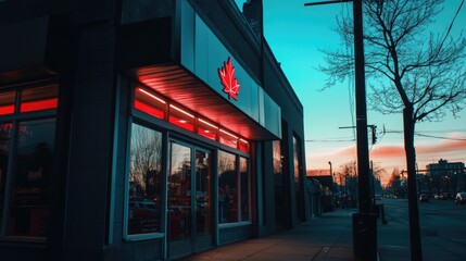 Obraz premium Modern Building Exterior with Vibrant Neon Lighting at Dusk