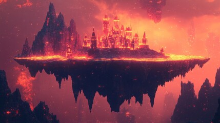 Fiery Floating Island Cityscape in a Red and Orange Sky