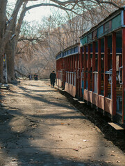 old train on the railway in the park
