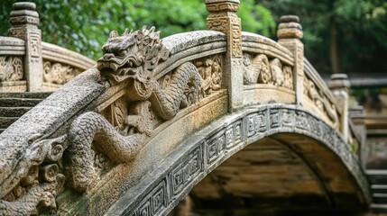 Ornate Stone Bridge with Dragon Carvings Over Tranquil Water