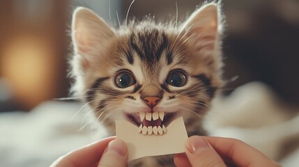 Funny Kitten with Fake Teeth Holding a Blank Card

