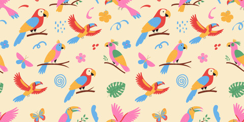 Tropical birds seamless pattern. Exotic parrots, cockatoo, toucan and doodle elements. Vector illustration. © MandarinkaArt