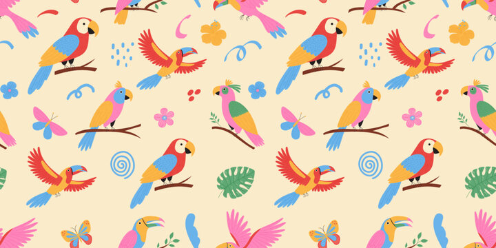 Tropical birds seamless pattern. Exotic parrots, cockatoo, toucan and doodle elements. Vector illustration.