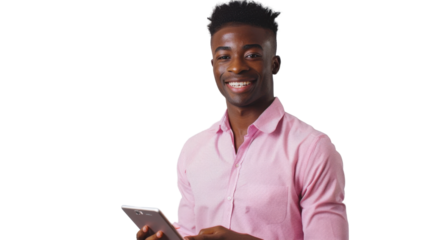 Smiling young man using tablet on transparent background
