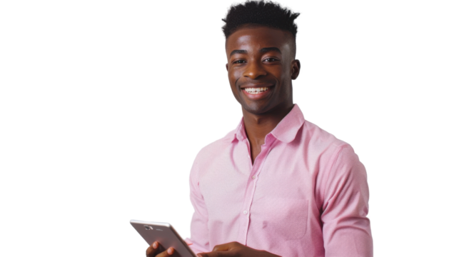 Smiling young man using tablet on transparent background