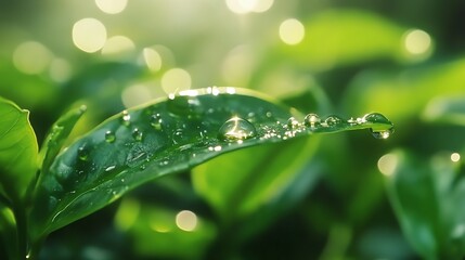 Naklejka premium Fresh Green Leaf with Water Droplets Sparkling in Morning Light