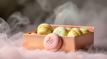 Box of pastel-colored macarons, perfect for gifting and special occasions, set amidst swirling smoke effects.