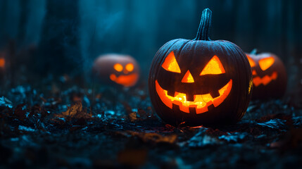 Naklejka premium A close-up of a jack-o'-lantern in the woods on Halloween.