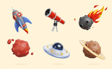 Space exploring 3d icons, planets, rocket, telescope, ufo alien spaceship, meteor with fire. Isolated cosmic objects, Mars and Saturn, flying saucer, stone asteroid Cartoon render set. 3D illustration © marozhkastudio