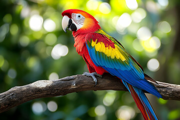 Colorful Macaw Perched on Branch in Lush Forest
