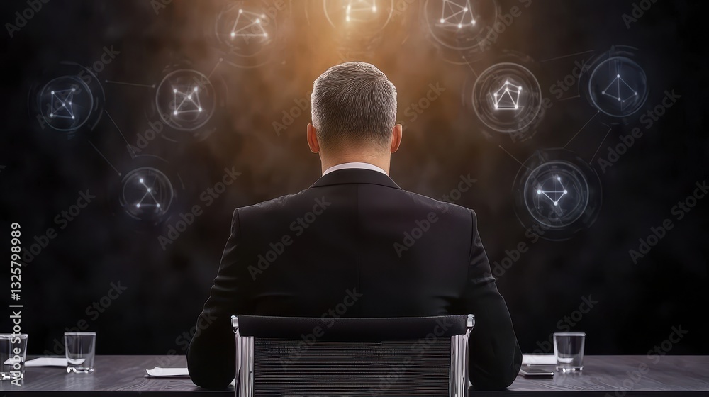 Poster a suited individual sits facing away, illuminated by a soft glow, with abstract icons floating in th