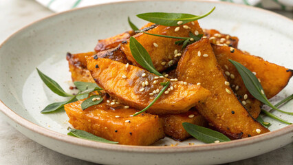 Fried pumpkin slices garnished with herbs and sesame seeds, served on plate