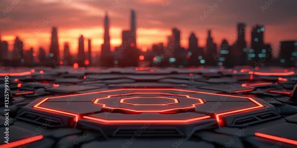 Aufkleber a futuristic cityscape at sunset, featuring illuminated hexagonal patterns in the foreground and a s