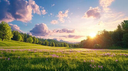 Obraz premium Serene Sunrise Over Vibrant Meadow with Blooming Wildflowers