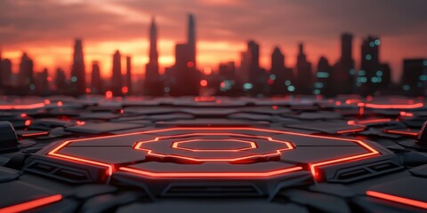 A futuristic cityscape at sunset, featuring illuminated hexagonal patterns in the foreground and a skyline of skyscrapers in the background.