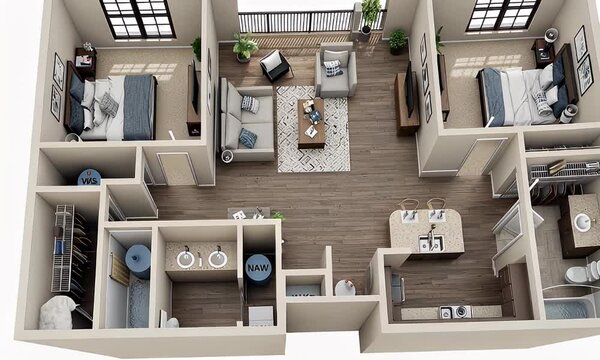 Apartment overhead floorplan showing bedrooms, living area, kitchen, bathroom, balcony, and closets