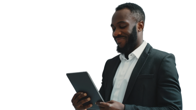 Smiling businessman using digital tablet on transparent background