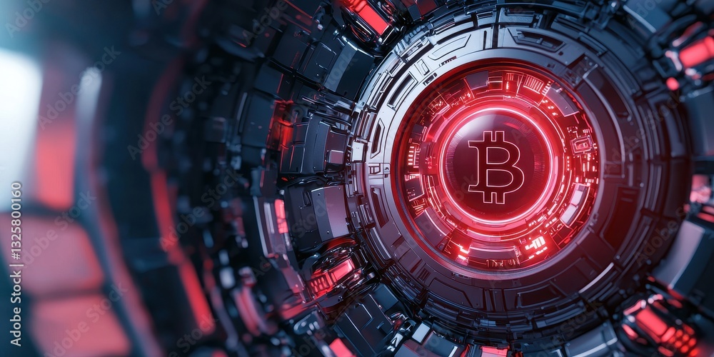 Poster a futuristic design featuring a glowing bitcoin symbol surrounded by intricate mechanical elements a