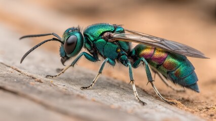 Jewel Wasp Up Close: A captivating close-up shot of a jewel wasp, its iridescent, metallic exoskeleton shimmering with emerald, sapphire, and ruby hues, as it rests on a weathered wooden surface.