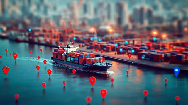 A cargo ship carrying containers on the water near an industrial port, surrounded by red pins, signifies secure maritime operations, trade safety, and ship security