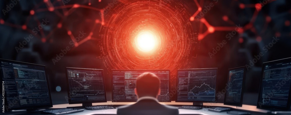 Poster a person sits in front of multiple screens, gazing at a bright red circular light, evoking a sense o