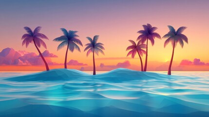 Tranquil Pink And Orange Sunset Over Tropical Island With Palm Trees
