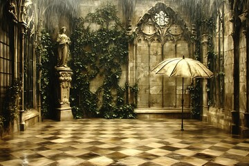 Rainy Gothic Courtyard with Umbrella