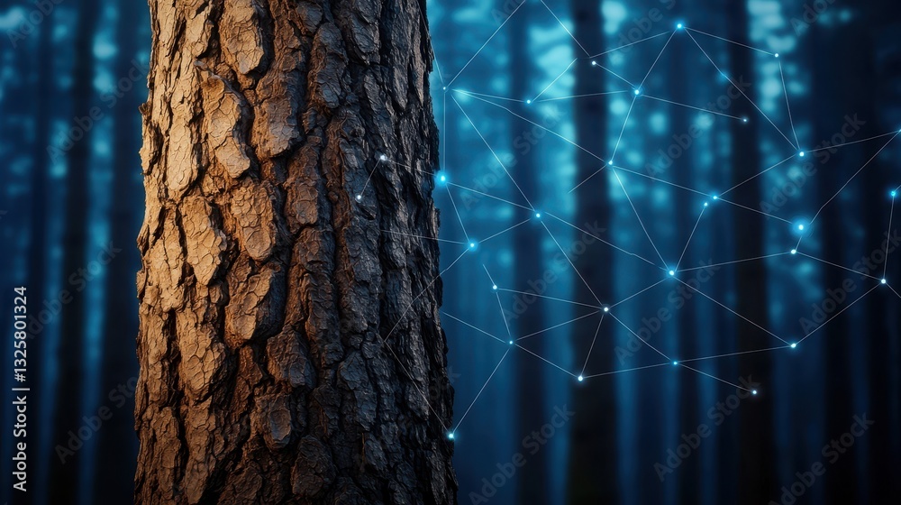Poster A close-up of a tree trunk in a dark forest, illuminated by subtle light, with a network of connections depicted in the background.