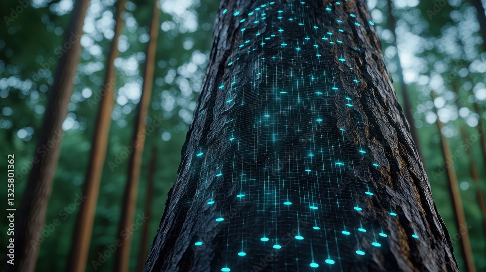 Poster A glowing tree trunk surrounded by a lush forest, featuring blue luminescent patterns that create a mystical atmosphere.