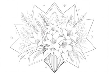Elegant line art bouquet of flowers and foliage in a geometric design. This black and white line art showcases a beautiful bouquet of flowers and foliage
