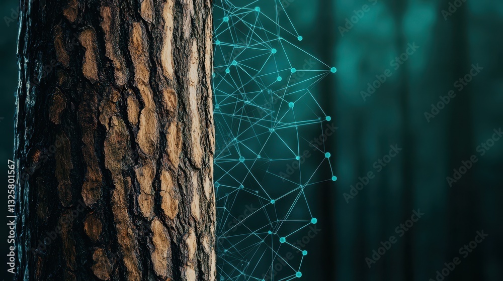 Aufkleber A close-up of a tree trunk with a digital network overlay, blending nature and technology in a serene forest setting.