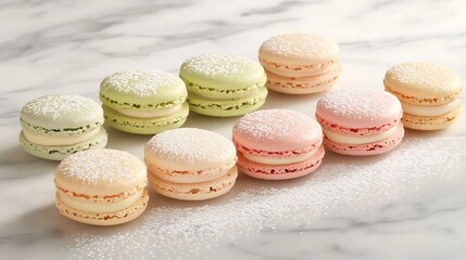 Obraz premium Close-up of assorted pastel-colored macarons with flavors like vanilla