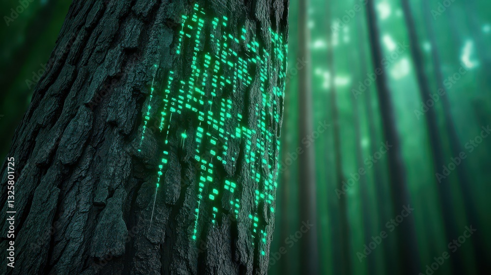 Aufkleber A close-up view of a tree trunk displaying glowing green data patterns amidst a serene forest background.