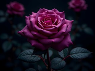 Purple rose blooming in a dark background, full petals, adorned with water droplets, mysterious and noble.
