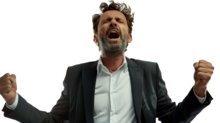 Euphoric businessman celebrating with clenched fists and transparent background