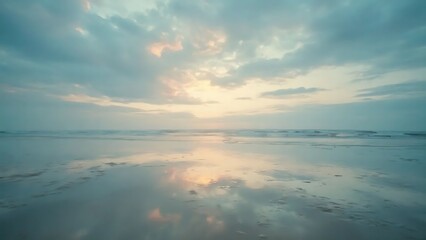 Fototapeta premium Seascape Sunset: Ocean Reflection, Coastal Sky, Tranquil Beach