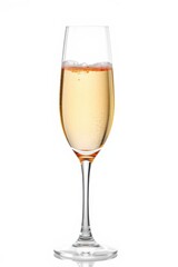 Elegant flute of golden sparkling wine with delicate bubbles against a stark white background creates a classy vibe
