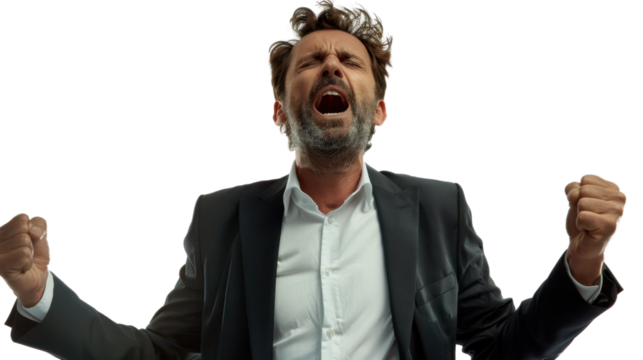 Euphoric businessman celebrating with clenched fists and transparent background - Powered by Adobe