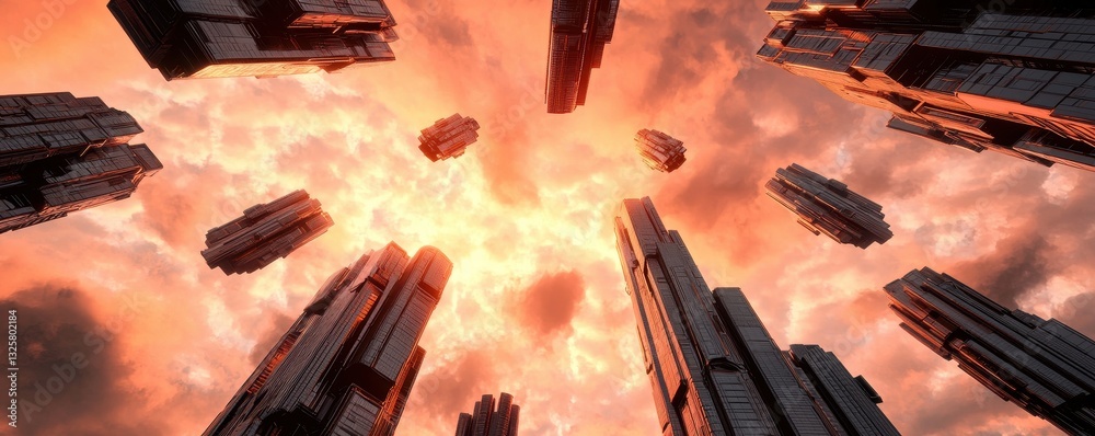 Poster a surreal landscape features towering monoliths against a vibrant, fiery sky, creating a dramatic an
