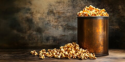 Vintage-style container filled with freshly popped popcorn, scattered on a rustic surface, evoking nostalgia